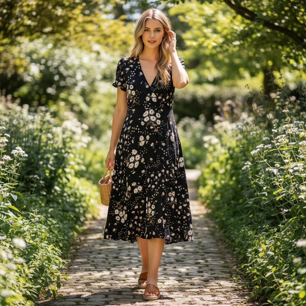 Madewell Womens Daisy 8 Floral Polka Dot Midi Dress Cottage Feminine Boho Garden